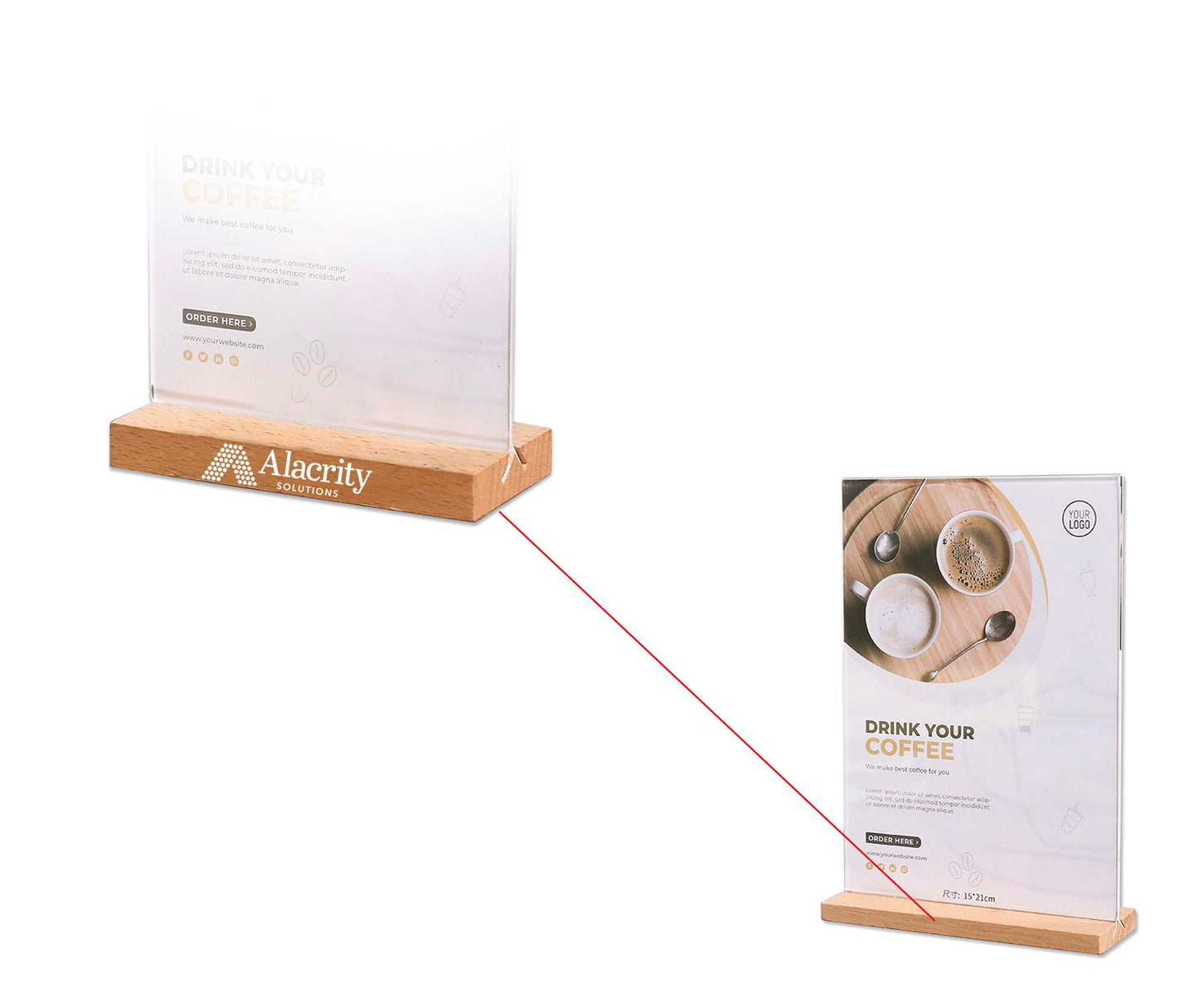 Acrylic Sign Holder with Wood base - Alacrity logo in white (5.9”x8.3”)